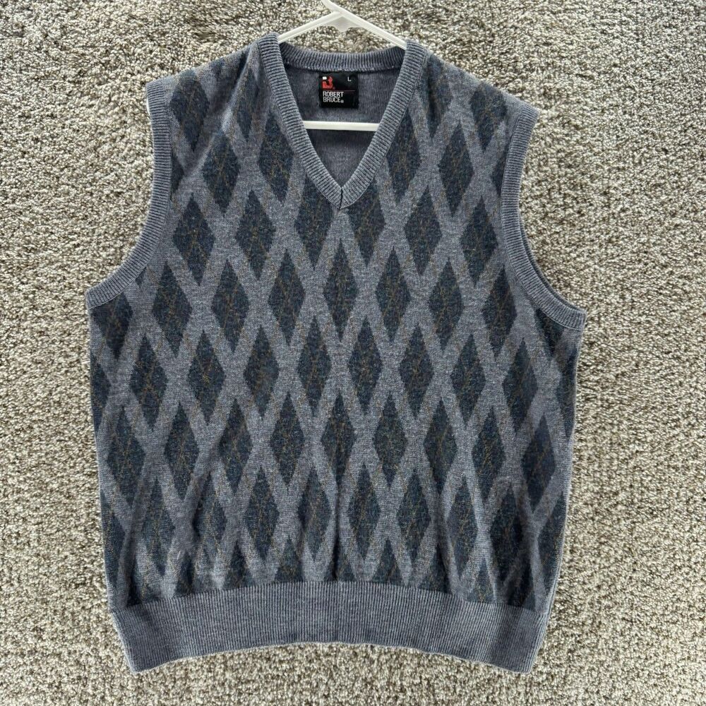 Vintage Robert Bruce Sweater Vest‎ Mens Large Gray Dimond Pullover V Neck 1967